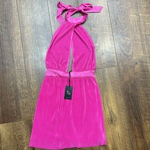 Sincerely Jules Women’s Vibrant Pink Satin Backless Halter Mini Dress
